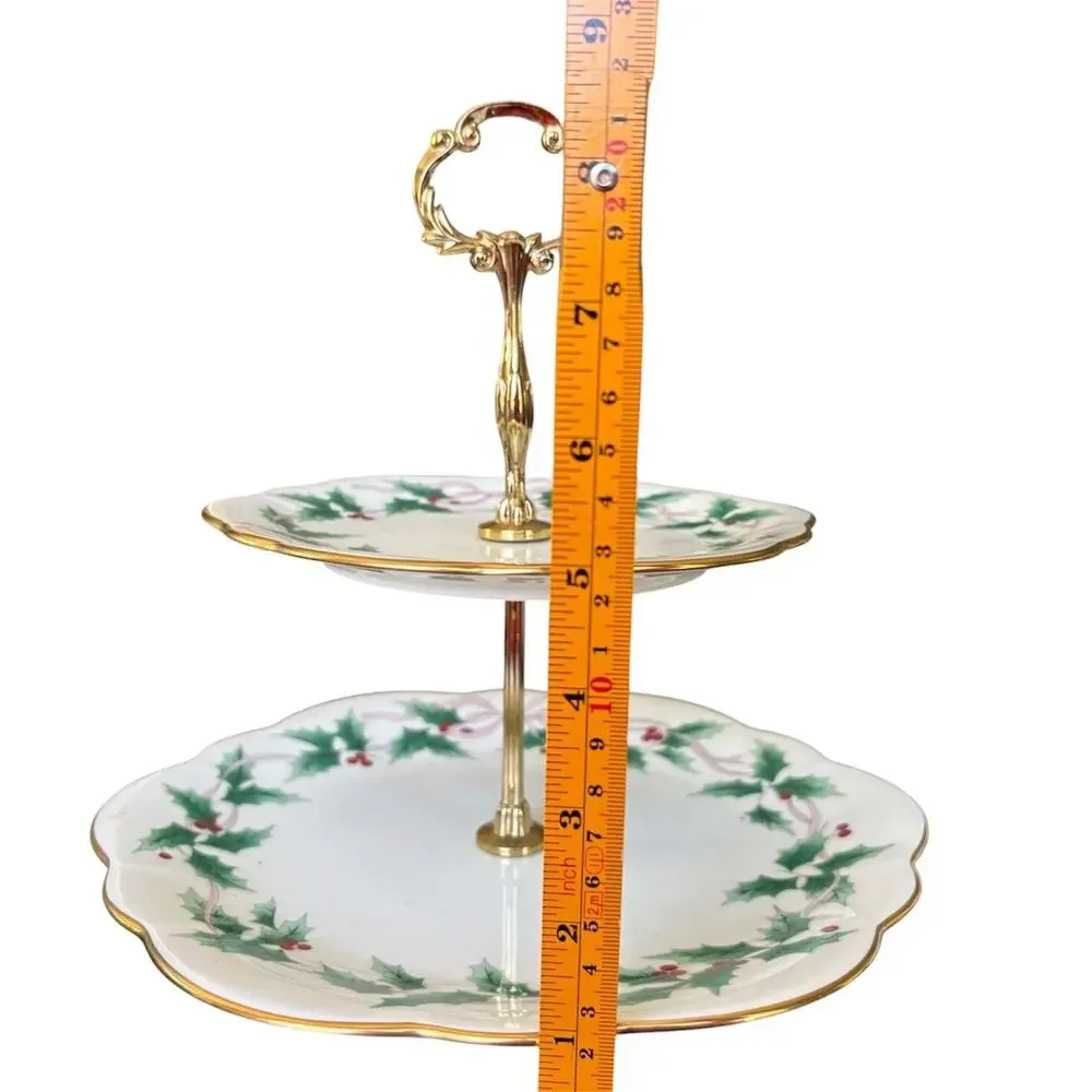 Mikasa Ribbon Holly 2 Tier Serving Tray Bone China Gold Handle Christmas Dessert